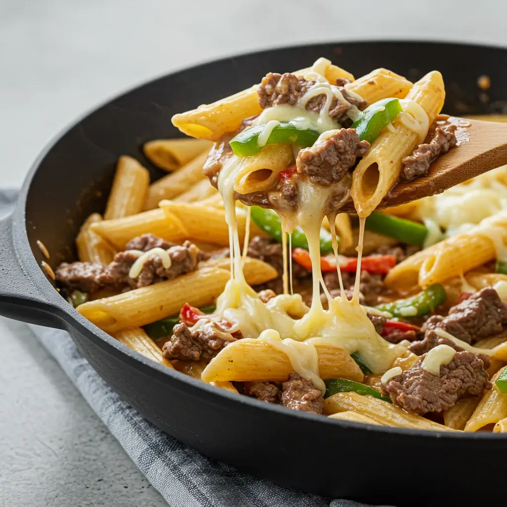 Philly Cheesesteak Pasta Skillet recipe - Home Style Cooks